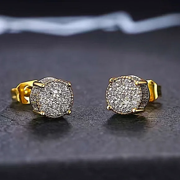 Gold Round Cut Moissanite Circle Shaped Pave Diamond Zircon Stud Earrings - Picture 4 of 9